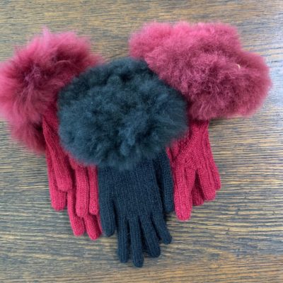 Red and Black Alpaca Cable Knit Gloves With Fur Accent