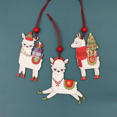 3 Piece Set of Wooden Alpaca Christmas Ornaments