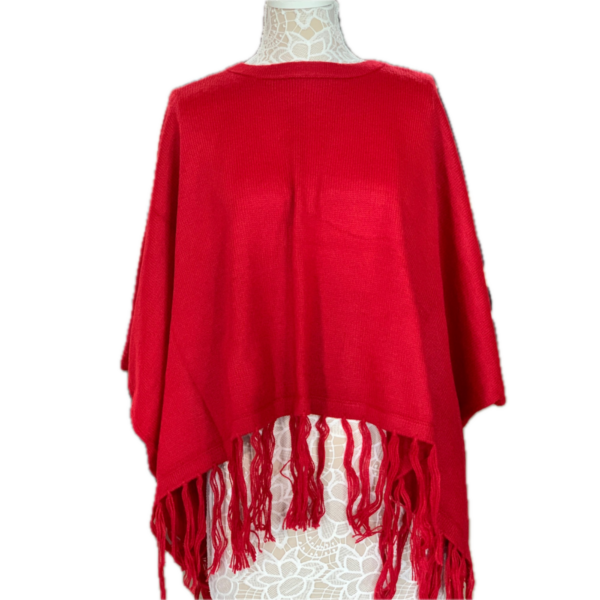 Red Solid Knit Poncho With Sleeves in Alpaca Blend