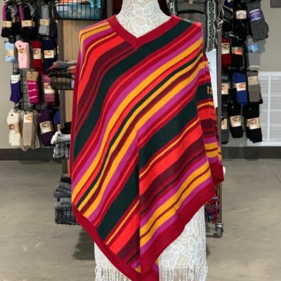 Red Alpaca Poncho With Stripes and V-Neck Collar