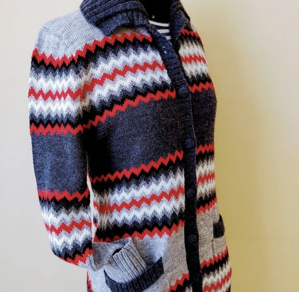 Grey and Red Alpaca Zigzag Sweater