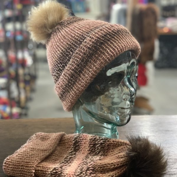 Grandma Lil's Knit Hat w/ Pom in Peach and Brown
