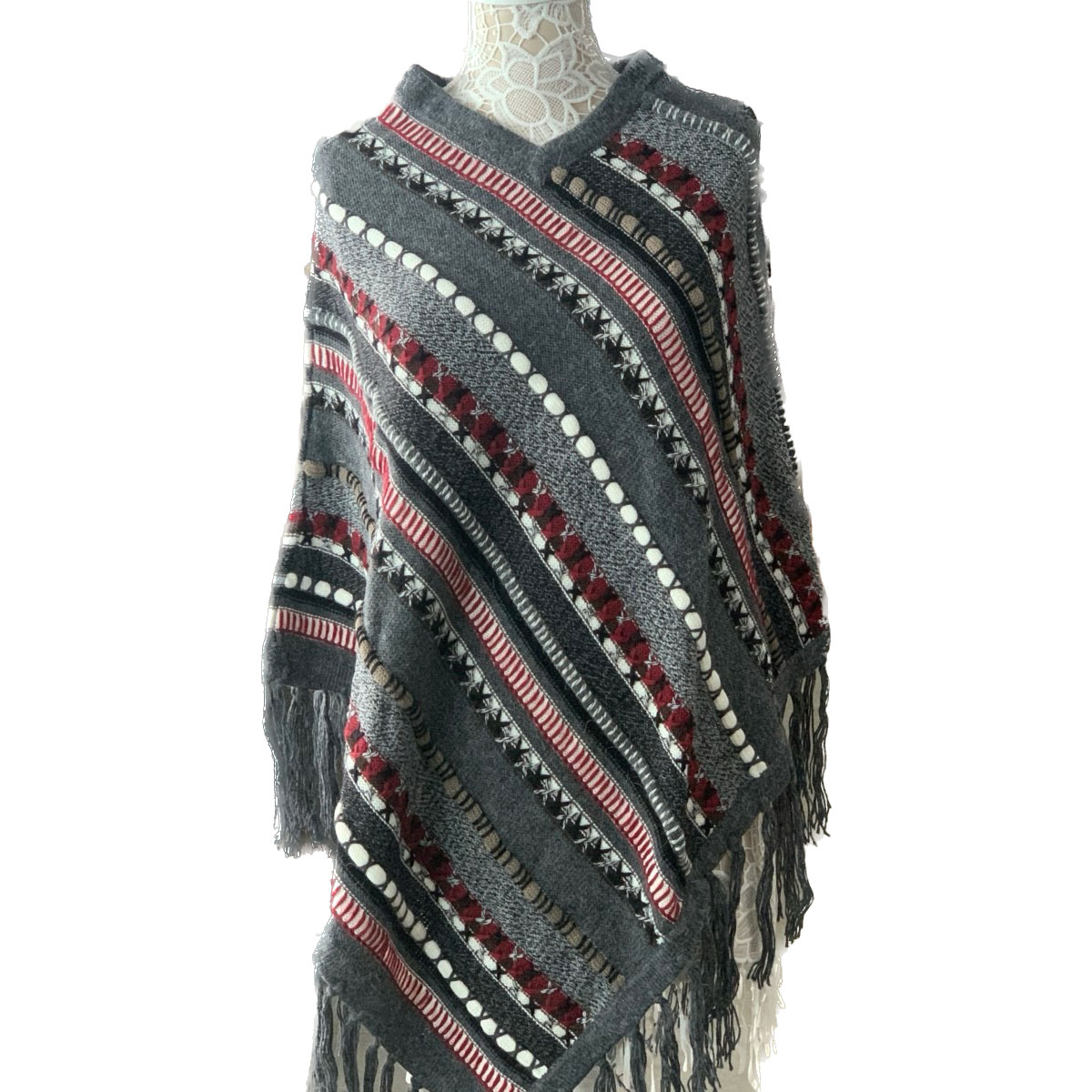 Grey and Red Alpaca Poncho