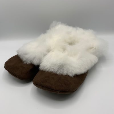 White & Brown Unisex Alpaca Fur Slippers in Small