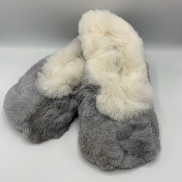 Grey & White Unisex Alpaca Fur Slippers in Medium