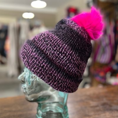 Grandma Lil's Knit Hat w/ Pom in Pink and Black