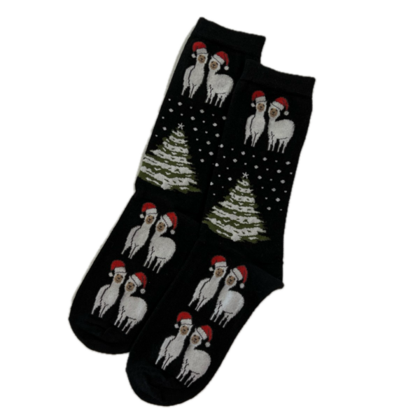 Alpaca Christmas Crew Socks in Black and White