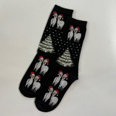 Alpaca Christmas Crew Socks in Black and White