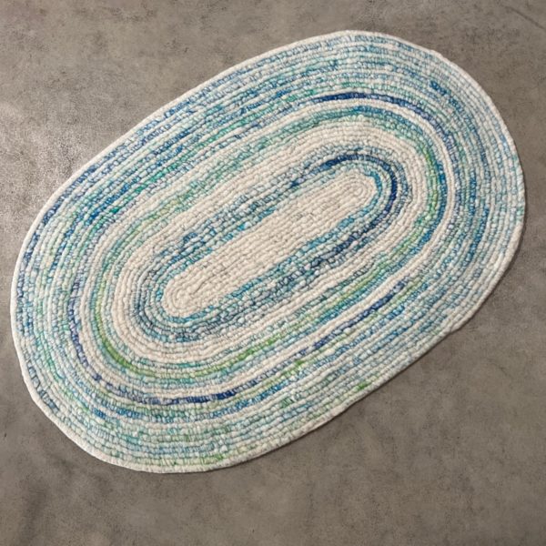 Spiral Felted Alpaca Rug in White and Shades of Blue