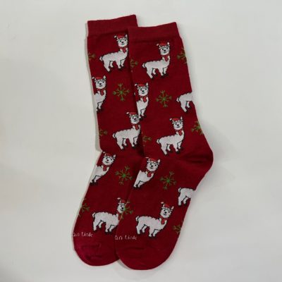 Alpaca Christmas Crew Socks in Red and White