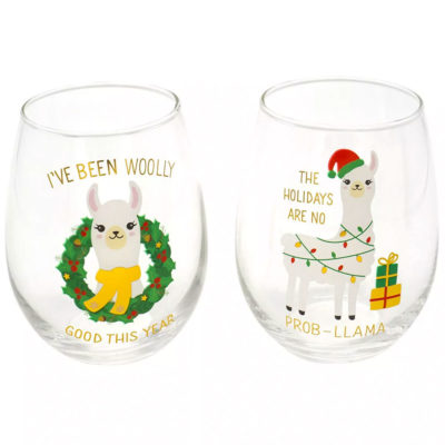 Stemless Llama Holiday Wine Glasses - Set of 2