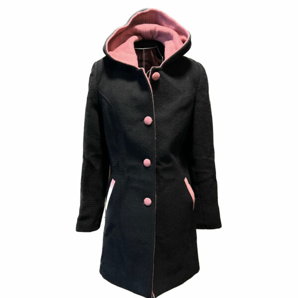 Ladies Black Alpaca Coat With Pink Accents