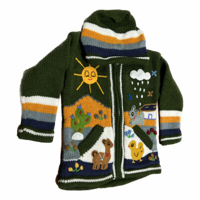 Green Children's Sweater With Animal Scenes
