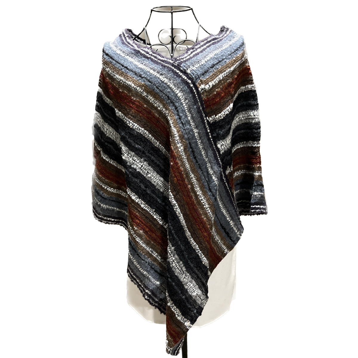 Multi-Color Striped 100% Alpaca Wool Knit Fringed Poncho, 'Swirling Fire