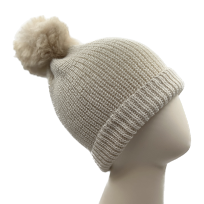 White Baby Alpaca Knit Hat With Pom