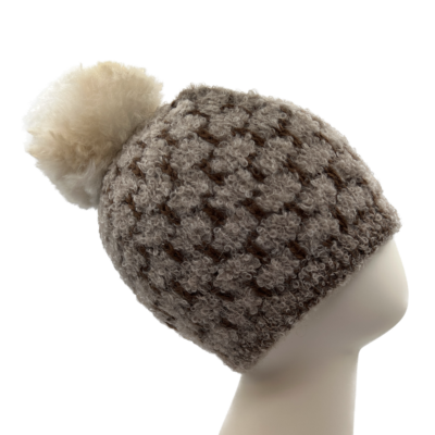 Fawn and Brown Baby Alpaca Boucle Hat With Pom
