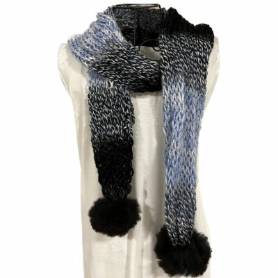 Variegated Baby Alpaca Scarf With Pom in Blue and Black