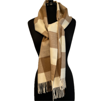 Baby Alpaca Scarf in Beige and Fawn Checks