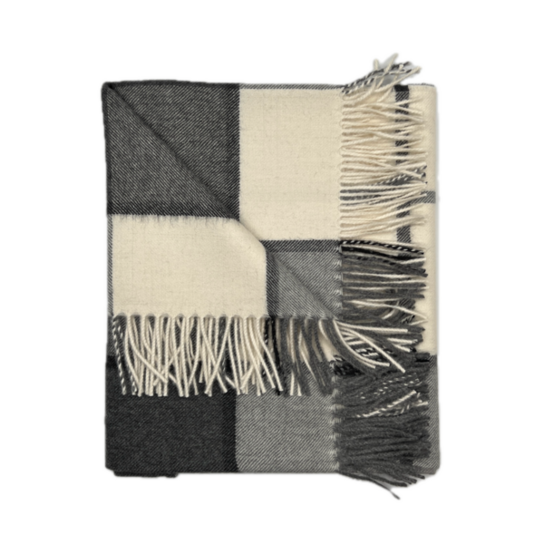 100% Alpaca Throw in Plaid Grey, Black, and White