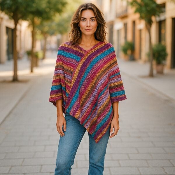 Poncho in Shades of Pink and Purple on Model