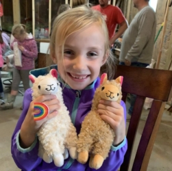 Natalie Holding Stuffed Alpaca Toys
